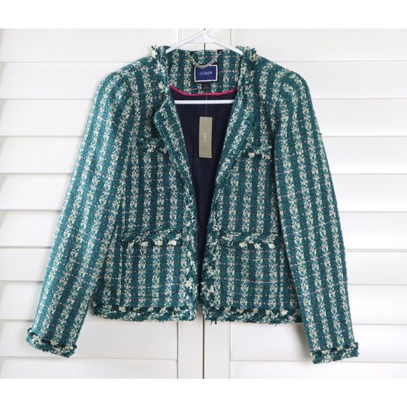 J.CREW NWT $268 Lady Sparkle Lined Jacket Top in Emerald Plaid Tweed Size 2 - Picture 6 of 7